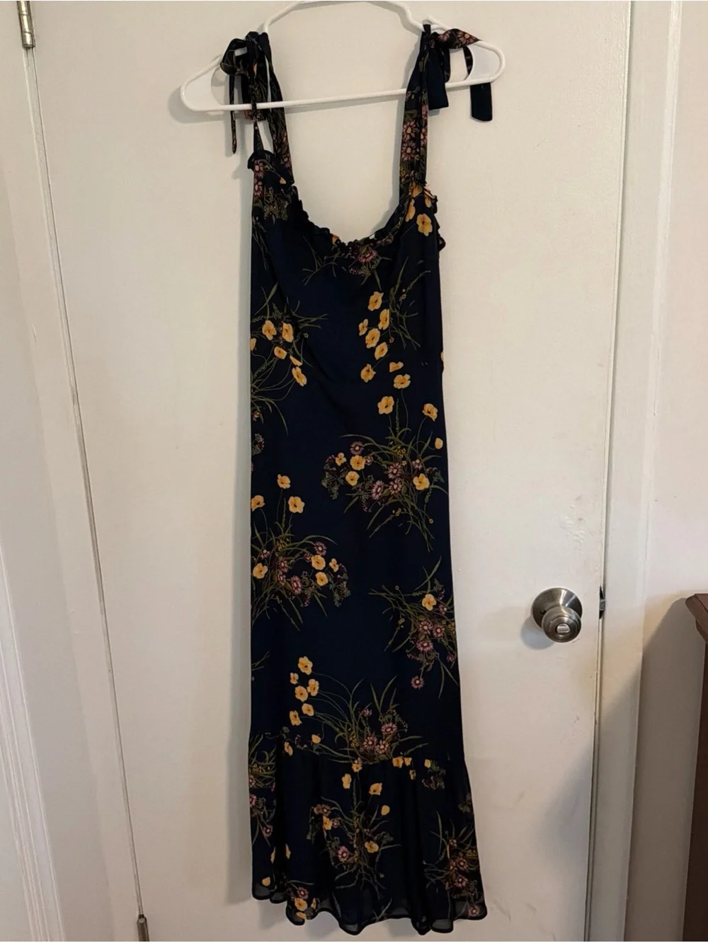 Reformation Navy Floral Tie-Shoulder Maxi Dress with Yellow Blooms